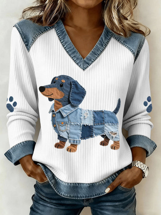 Marie - Adorable dachshund motif with denim patchwork